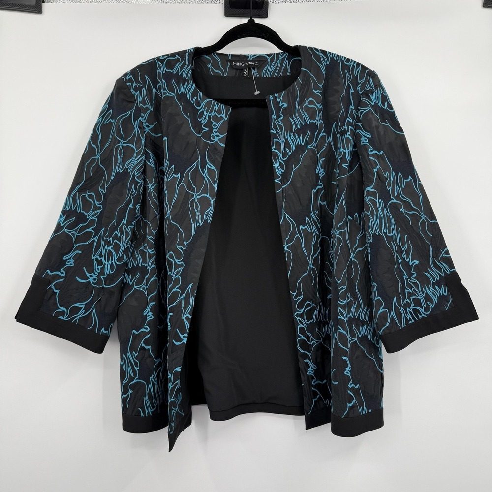 Ming Wang Jacket Womens M Black Floral Embroidered Collarless Open Lined